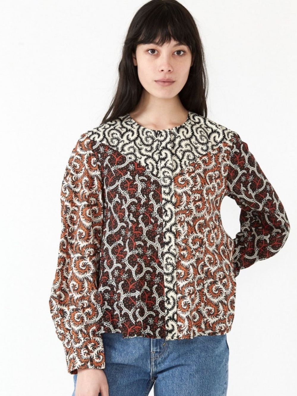 Etoile Isabel Marant Loris Mixed-Print Long-Sleeve Cotton Blouse